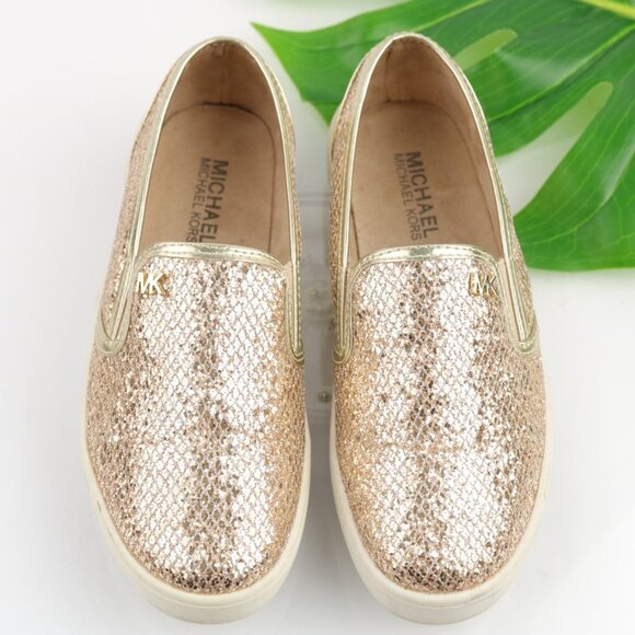 Michael Kors Girls Ivy Eileen Shoe Size 3 Gold Metallic Embossed Slip On Flats - Picture 2 of 12